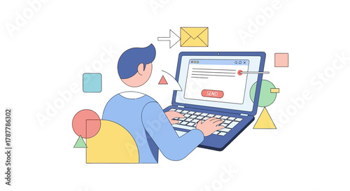 Online Communication Man Submitting Email Form on Laptop, Digital Marketing Concept