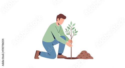 Flat vector illustration of a man planting a young tree sapling. Concept of environmental conservation, volunteering, reforestation, and sustainable living