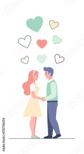 A loving couple holding hands with colorful hearts floating above them, symbolizing romance and affection