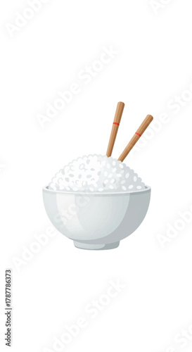 Steamed white rice in a traditional ceramic bowl with chopsticks, an iconic symbol of Asian cuisine and culture
