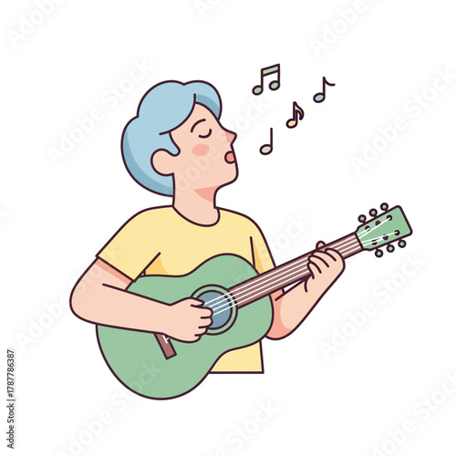 A musician sings and plays acoustic guitar, creating melodic music and vocal harmony, artistic expression