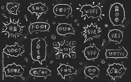 Comic speech bubbles with swear words. Crayon speech bubbles with the curses, insults, vulgar rage, swear word symbol.