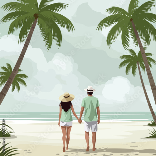Couple walking on tropical beach holding hands