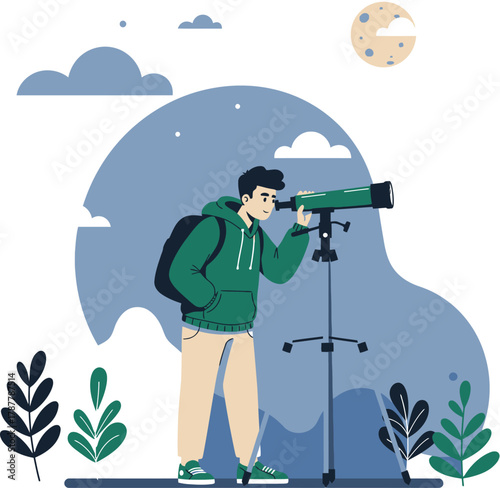 Young man exploring night sky with a telescope