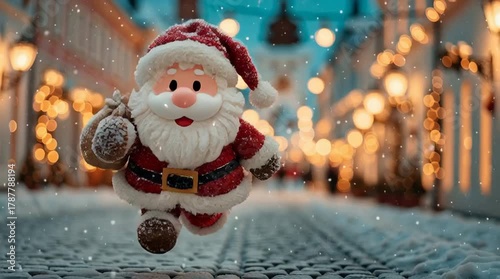 Cute little Santa Claus out Christmas shopping on a winter street lit with bokeh lights.