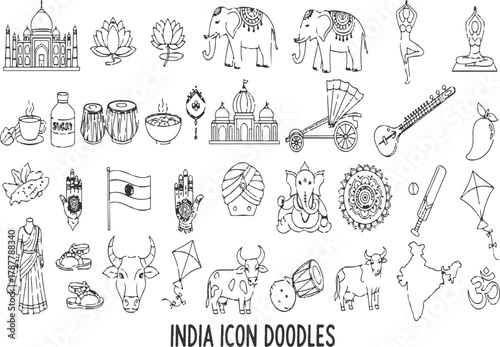 Simple line art vector set of India cultural and traditional travel icons and symbols collection isolated on Transparent Background