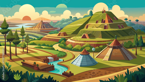 Very beautiful view of Cahokia Mounds in Illinois, USA, showcasing the ancient earthen structures, surrounding greenery, and a realistic depiction of North America’s early civilization landscape.