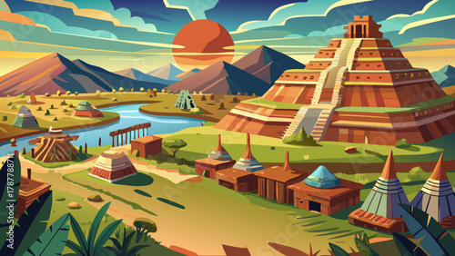 Very beautiful view of Cahokia Mounds in Illinois, USA, showcasing the ancient earthen structures, surrounding greenery, and a realistic depiction of North America’s early civilization landscape.