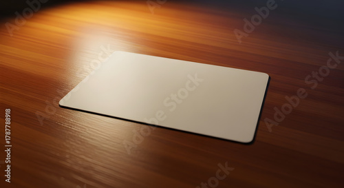 Blank Card on Wood: A pristine blank card rests on a polished wooden surface, illuminated by a spotlight, embodying the concept of simplicity and elegance.