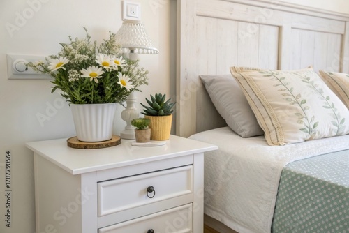Create a serene minimal modern bedroom with a white nightstand succulent and daisies in clean soft tones