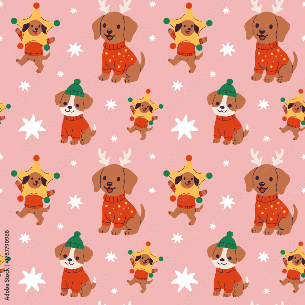 Fototapeta premium Cute dogs in festive sweaters and hats playfully decorated on a pink background during the holiday season