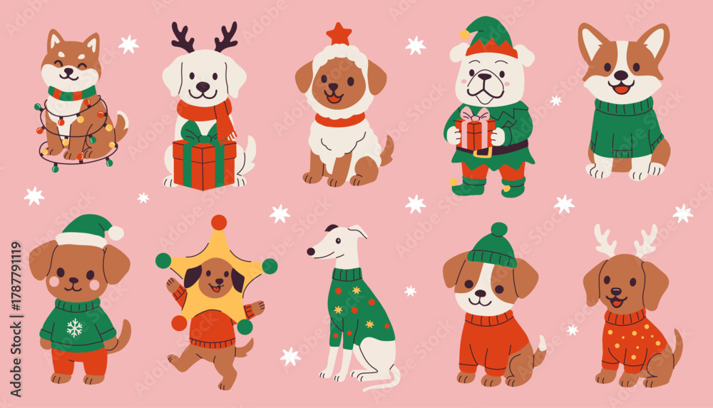 Fototapeta premium Cute dogs celebrating the holiday season with festive outfits and cheerful decorations