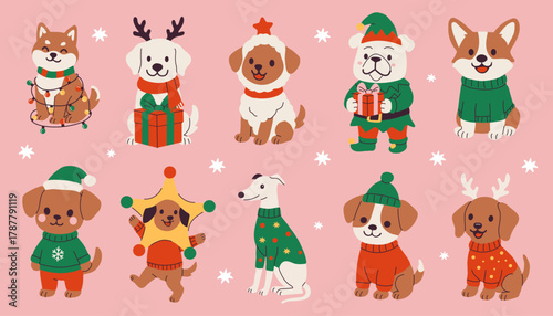 Cute dogs celebrating the holiday season with festive outfits and cheerful decorations