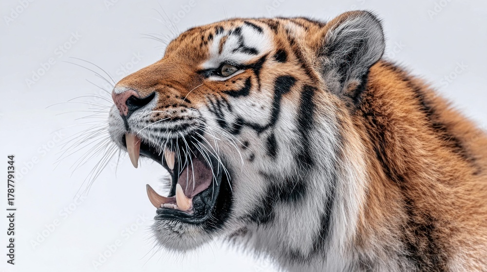 Obraz premium Close-up of a roaring tiger, showcasing its powerful teeth and intense gaze