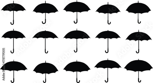 Collection of black umbrella silhouettes vector illustration, open rain umbrellas with curved handles, weather protection icons for graphic design and seasonal decoration projects