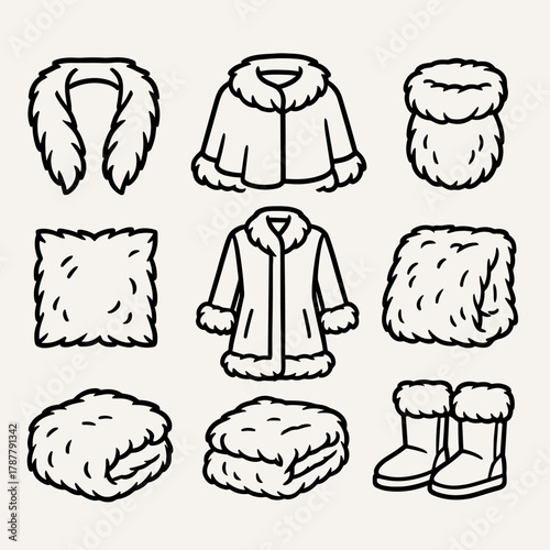 Fur Fashion Icons. Luxury Fur Details outline icon set: fur stole, fur cape, fur-trimmed coat, fur muff, fur pillow, fur blanket, fur hood, fur-trimmed boots.