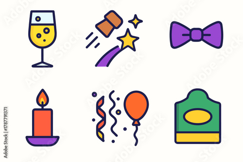 Festive Toast Icons. Festive Toast modern flat icon set: glass with bubbles, cork flying, sparkling trail, bow tie, candlelight, streamers, balloon, champagne label.