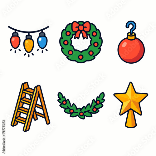 Festive Decor Icons. Decorating Squad modern flat icon set: string lights, wreath, ornament hook, ladder, garland, star topper.