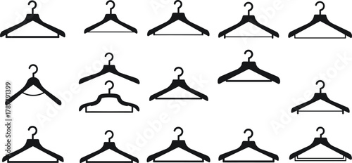Collection of clothes hanger silhouettes in various shapes and styles, black vector illustration design for wardrobe, boutique, fashion, and laundry themes