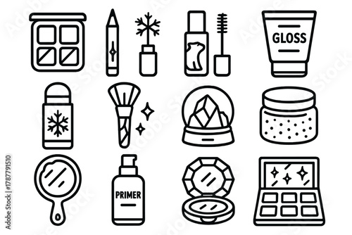 Arctic Makeup Icons. Arctic Beauty outline icon set: icy eyeshadow quad, snowflake eyeliner, polar mascara, cold gloss tube, frozen highlighter stick, crystal makeup brush, iceberg