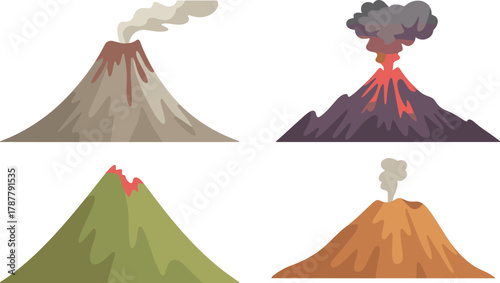 Collection of erupting volcano vector illustrations with smoke, lava, and ash clouds, colorful flat design nature and geology concept for education and science