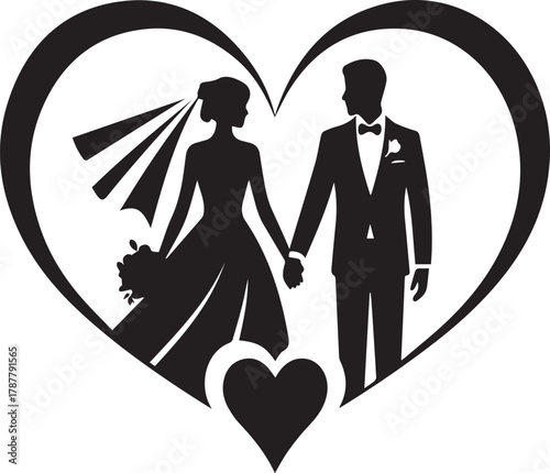 Black silhouette of bride and groom holding hands inside a heart wedding