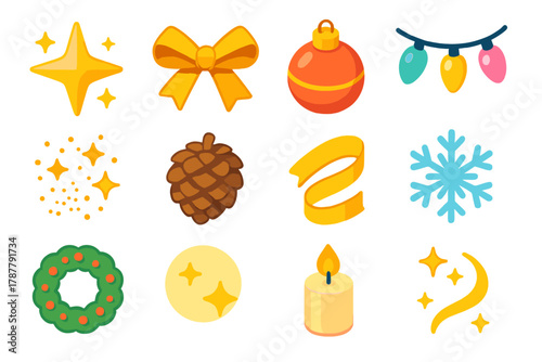 Festive Icon Collection. Festive Shimmer modern flat icon set: sparkling star, metallic bow, ornament ball, twinkle lights, glitter dust, pinecone, golden ribbon, snowflake, wreath