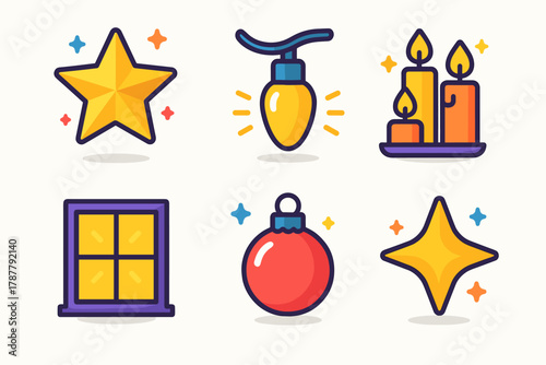 Festive Lighting Icons. Festive Illumination modern flat icon set: star light, garland bulb, candle cluster, window glow, ornament shimmer, soft sparkle.