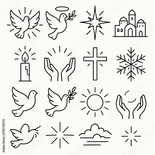 Holy Spirit Dove Icons. Christmas Holy Spirit Dove outline icon set: white dove, radiant light, olive branch, golden halo, glowing star, Bethlehem skyline, candle flame, open hands
