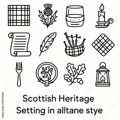 Scottish Icons Collection. Scottish Heritage Setting outline icon set: tartan cloth, thistle bloom, whisky tumbler, candlelight, poetry scroll, feather pen, bagpipe, plaid napkin,