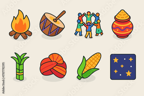 Lohri Festival Icons. Lohri Cultural Heritage modern flat icon set: village bonfire, drum beater, folk dance circle, decorated pot, sugarcane bundle, traditional turban, roasted