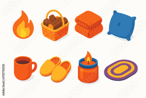 Cozy Hearth Icons. Fireplace Comfort modern flat icon set: soft flame, basket of wood, knit blanket, cushion, cup, slippers, candle jar, rug.