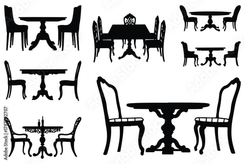 Collection of black dining table and chair silhouettes