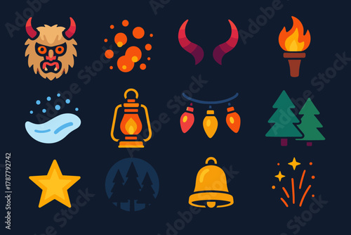 Isometric Krampus Celebration Icons. Winter Krampus Celebration modern flat icon set: fur masks, glowing embers, horns, torches, snow trail, lantern, festive lights, pine trees,