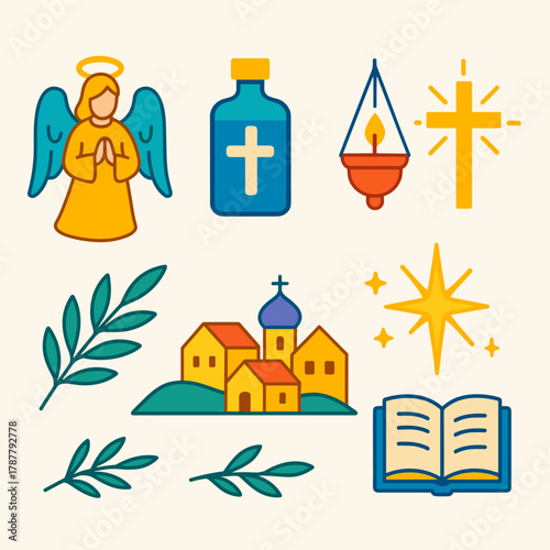 Orthodox New Year Icons. Orthodox New Year Blessings modern flat icon set: angel figure, holy water, icon lamp, radiant cross, olive branch, quiet village, star of Bethlehem, open