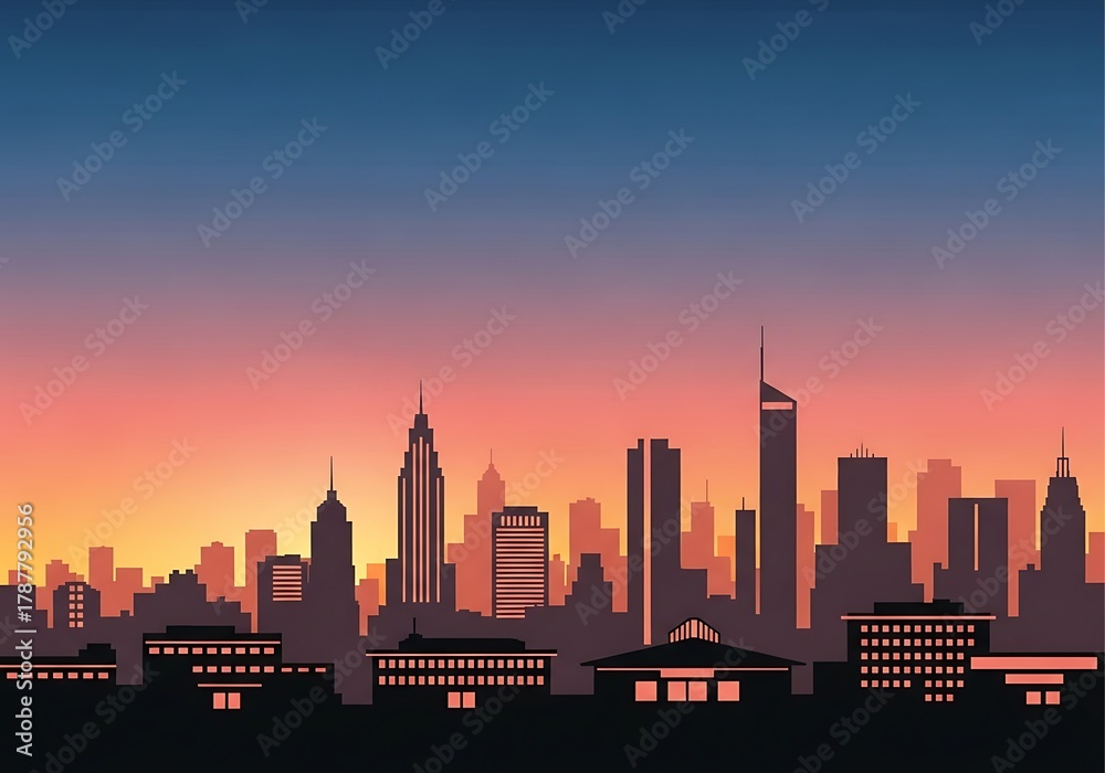 Obraz premium Vibrant cityscape silhouette against a serene sunset sky, urban skyline