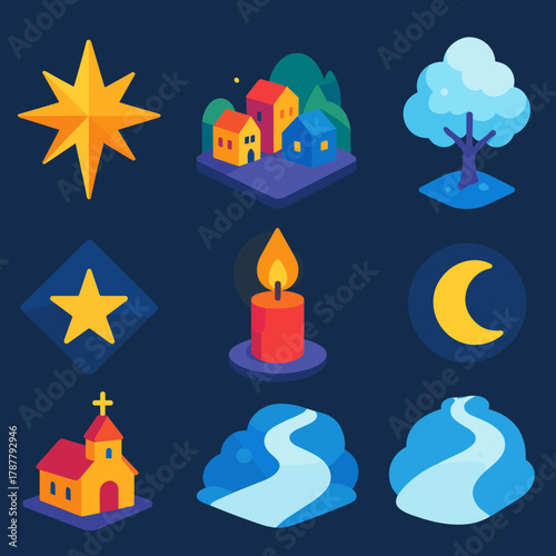 Silent Night Icons. Silent Night modern flat icon set: star of Bethlehem, peaceful town, glowing candle, frosty tree, night star, small chapel, snow path, still moon.