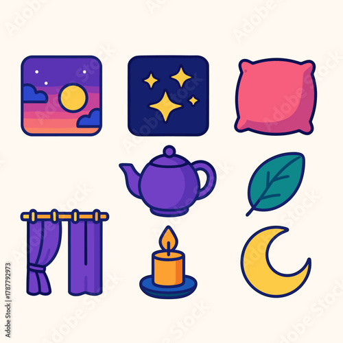 Serene Evening Icons. Serene Evening modern flat icon set: twilight sky, star cluster, tea pot, cushion, curtain, candlelight, leaf, moon.