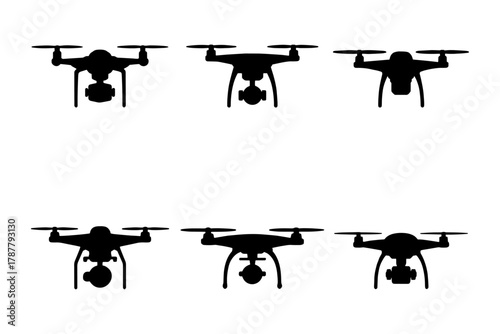silhouette of drones in a row, demonstrating various functions