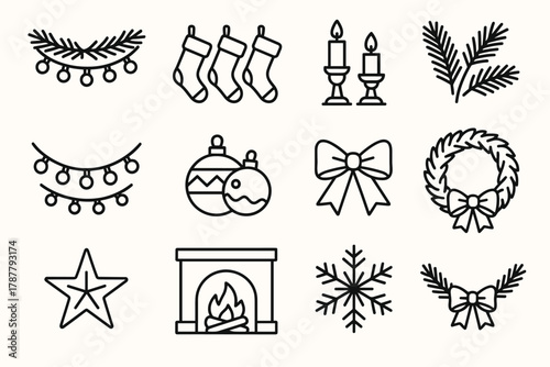 Festive Mantel Decorations. Festive Mantel Decor outline icon set: garland with lights, hanging stockings, candle holders, pine branches, ornament balls, golden ribbon, bow, wreath