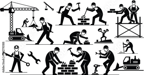 Construction workers building walls and operating heavy machinery, industrial construction site vector illustration, teamwork, tools, and engineering labor concept for architecture development