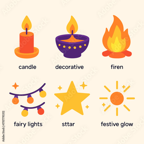 Lohri Festive Icons. Lohri Night Illumination modern flat icon set: candle, decorative lamp, fire flames, fairy lights, star, festive glow.