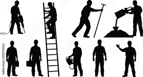 Construction workers using jackhammer, ladder, pouring cement, and operating tools, teamwork and building process vector illustration showing industrial construction site activities