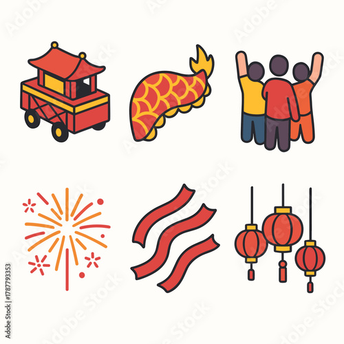 Lunar New Year Icons. Lunar New Year Joyful Streets modern flat icon set: parade float, dragon tail, waving crowd, fireworks burst, red ribbons, lantern lights.