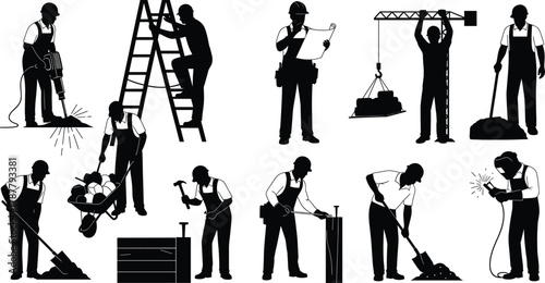 Construction workers using tools, ladder, crane, welding, and drilling equipment, teamwork and building process vector illustration showing industrial site and engineering activities