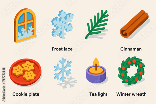 Cozy Frosted Icons. Cozy Frosted Frames modern flat icon set: arched window, frost lace, evergreen branch, cinnamon stick, cookie plate, snowflake shadow, tea light, winter wreath.