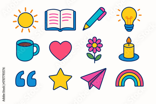 Vibrant Inspiration Icons. Daily Inspiration modern flat icon set: bright sun, open journal, pen, light bulb, coffee mug, heart, flower, candle, quote mark, star, paper plane,