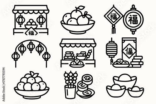 Chinese New Year Market. Chinese New Year Market Scene outline icon set: hanging lanterns, fruit display, fortune symbols, lantern arch, snacks, gold ingots.