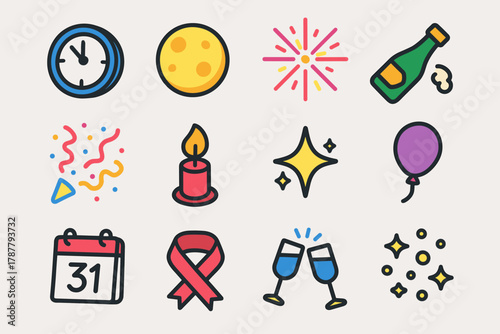Midnight Celebration Icons. Clock Striking Twelve modern flat icon set: clock at midnight, glowing moon, fireworks burst, champagne bottle, confetti rain, candle flame, star