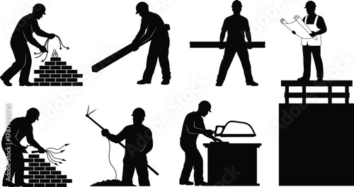 Construction workers with tools, welding, sawing, planning, and building on site, industrial engineering concept vector illustration showing teamwork and skilled labor activity